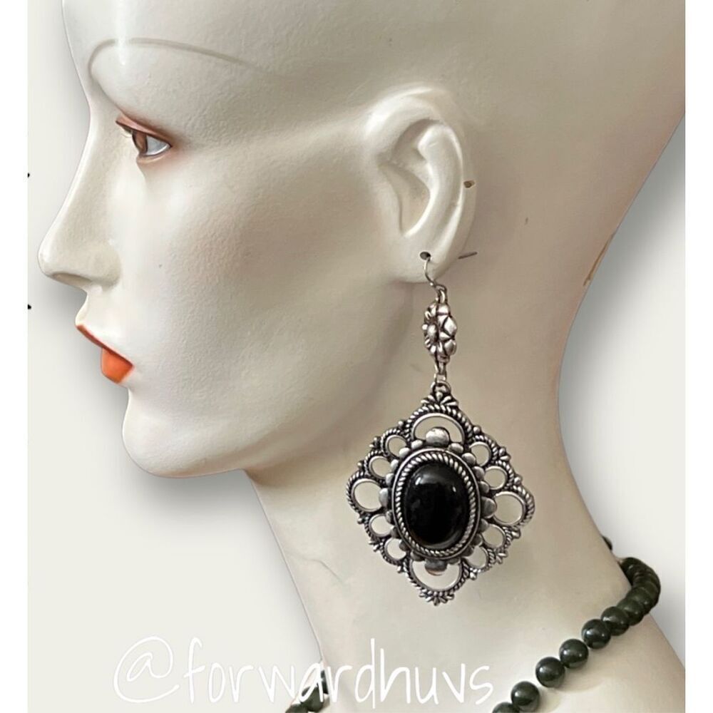 Oversized Silver Tone Dangle Earrings with Black Center